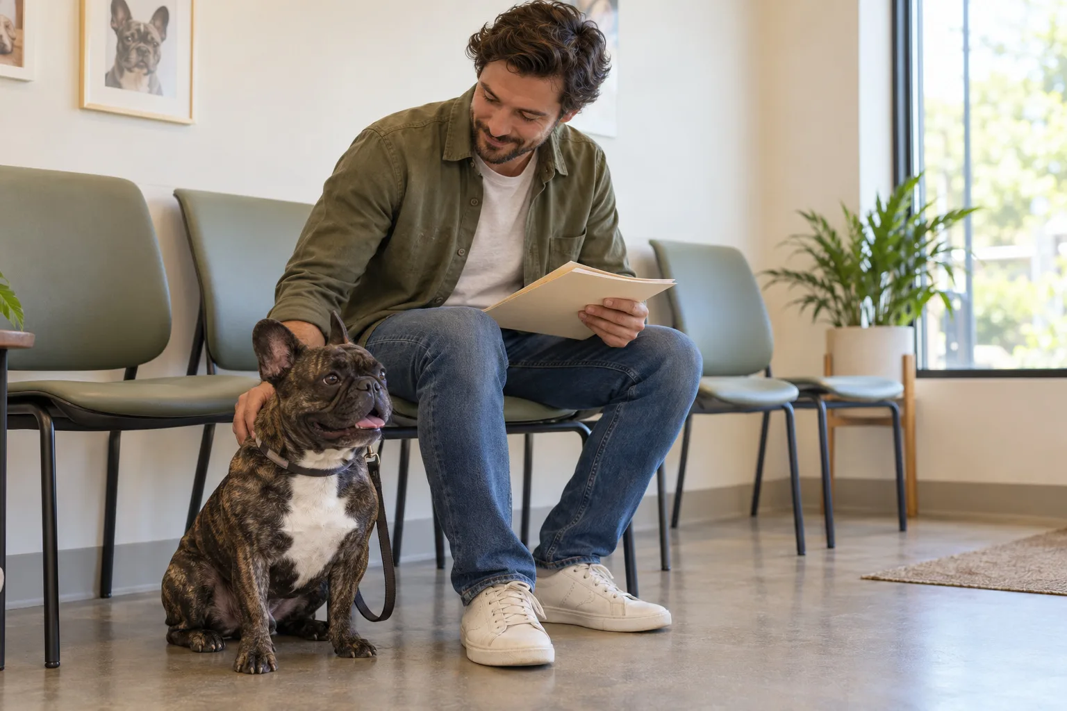 Owner with a small brindle dog in a veterinary waiting area while reviewing a document